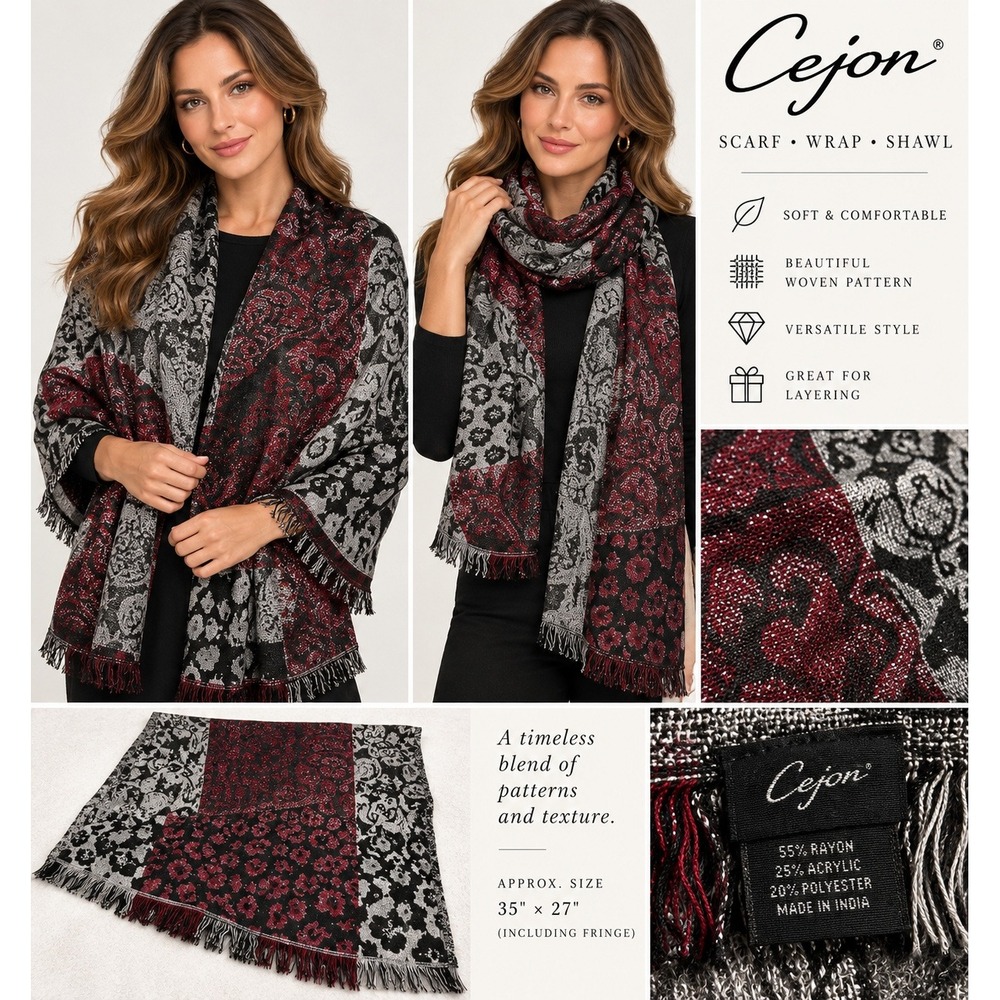 Cejon Scarf Wrap Shawl Burgundy Silver Black Metallic Paisley Leopard 70x27